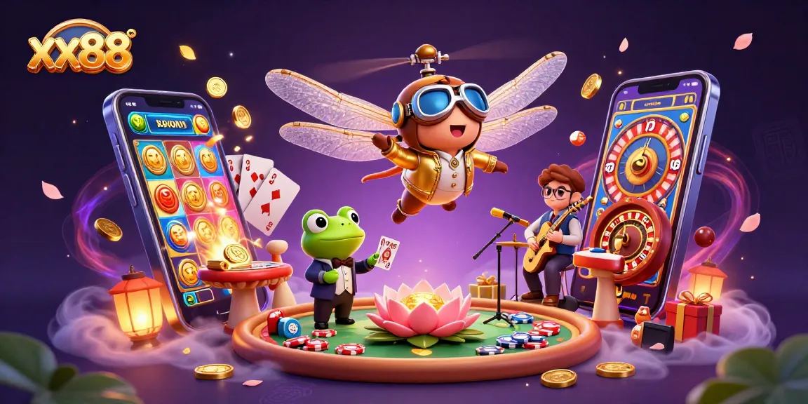 Experience thrilling gaming action at xx88 with a vibrant 3D scene showcasing a cartoon casino environment.