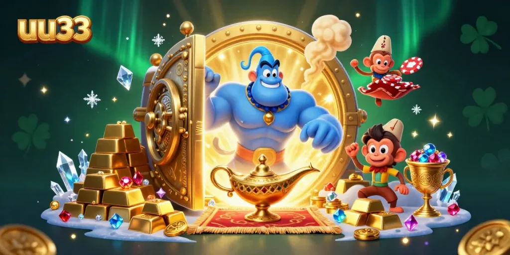 Experience winnings at uu33 with our vibrant casino scene featuring magical elements and treasure.