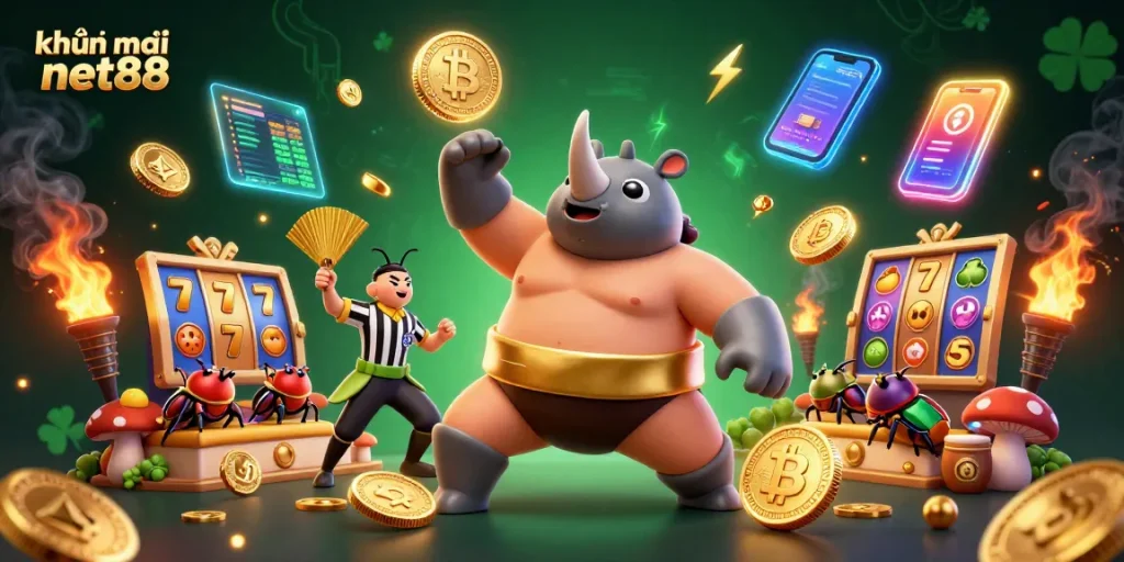 Engage with khuyến mãi net88 in a vibrant 3D illustration showcasing a beetle champion amid slot games.