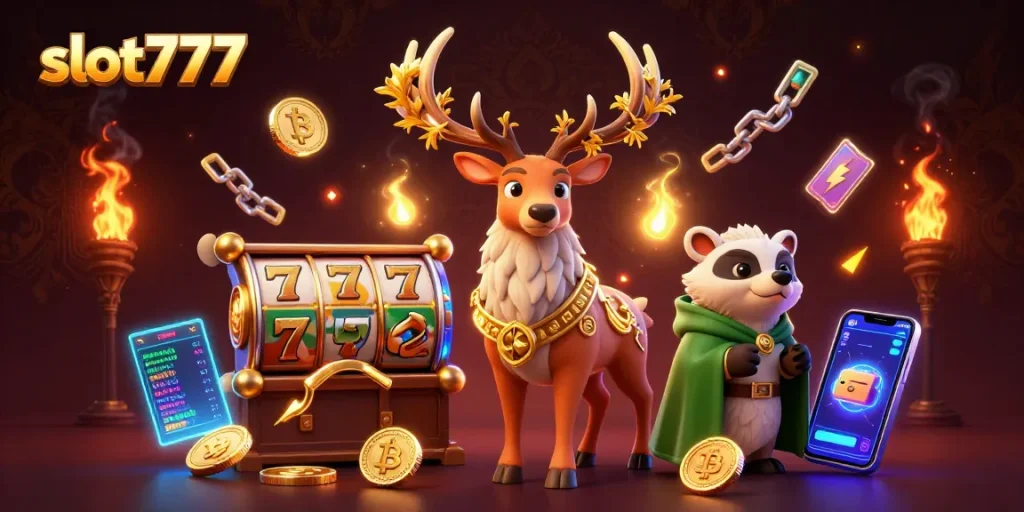 Engage with slot777's vibrant slot reels and crypto elements in a captivating 3D casino illustration.