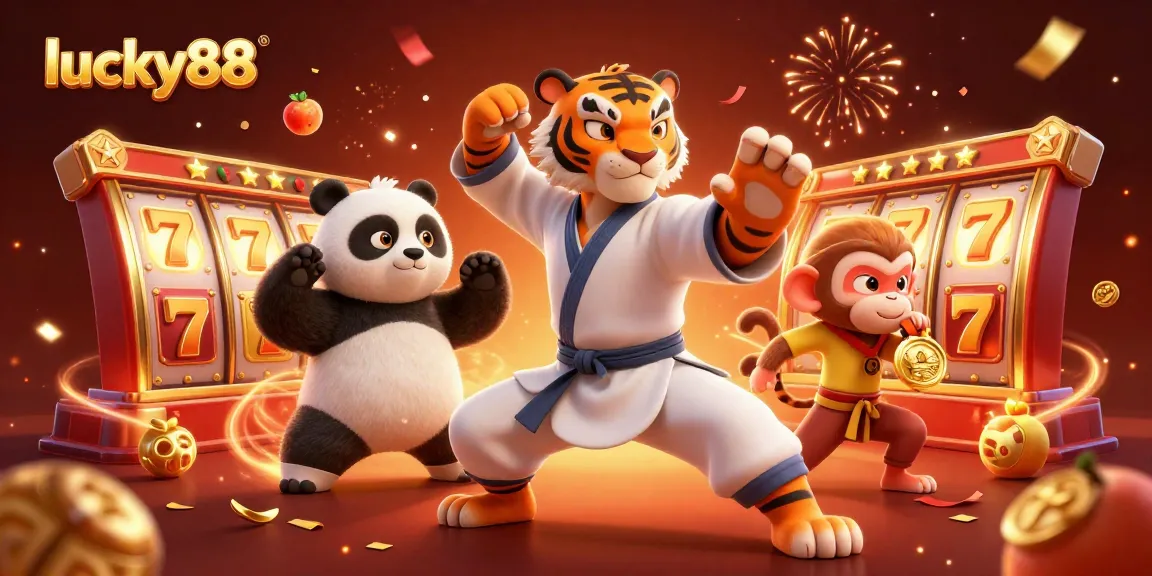Spin the lucky88 slots with a kung fu tiger master, panda disciple, and monkey student in a vibrant casino scene.
