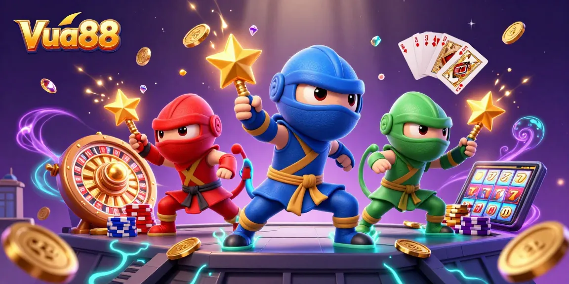 Vua88 showcases a vibrant, action-packed casino illustration with ninjas and golden rewards.