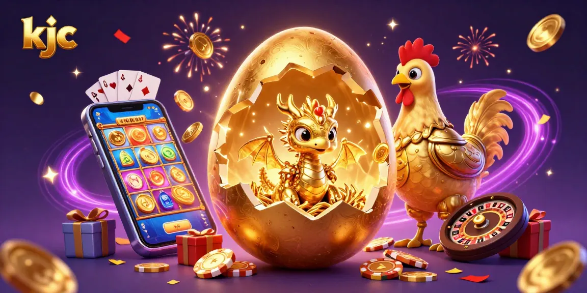 Experience KJC's vibrant casino world with a golden dragon, poker chips, and winning slot games.