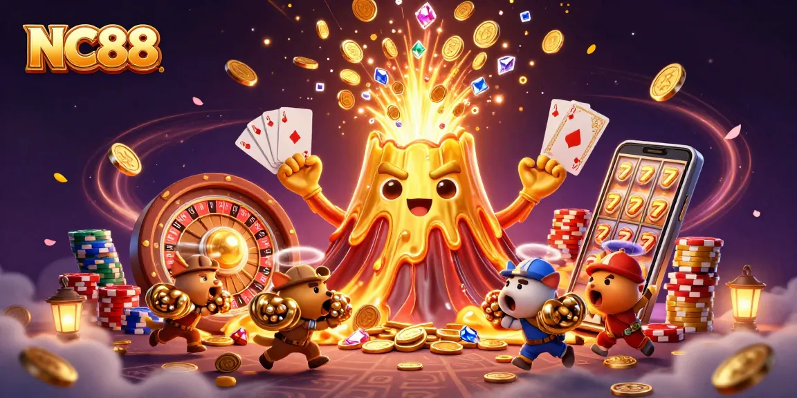 Experience the excitement of NC88 as treasure erupts from a golden volcano with explorer animals and vibrant casino elements.