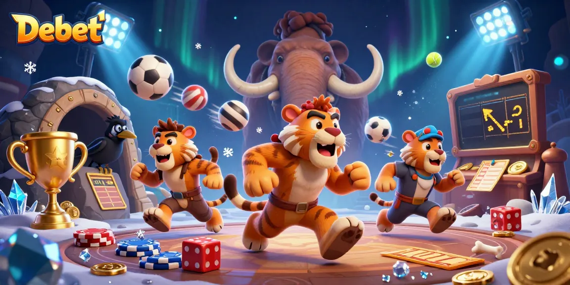 Experience thrilling gameplay with Debet at the prehistoric casino featuring cartoon characters and sports elements.
