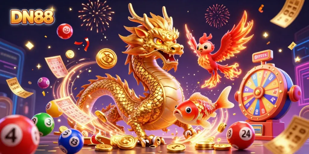 Experience the thrill of DN88 with a vibrant illustration featuring a dragon, phoenix, and koi fish amidst lottery excitement.