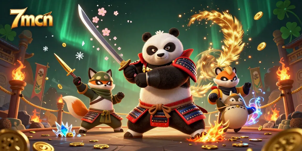 Experience thrilling action with 7mcn as a samurai panda and ninja fox engage in an epic casino battle.