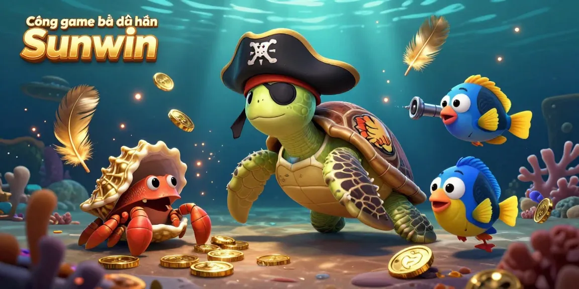 Cổng game bài đổi thưởng Sunwin showcases an exciting underwater adventure with a pirate turtle, golden tokens, and vibrant gambling elements.