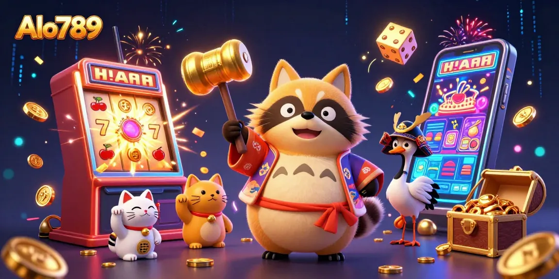 Alo789 offers a vibrant online casino experience, featuring a cheerful raccoon dog and fortune cats in a dynamic setting.