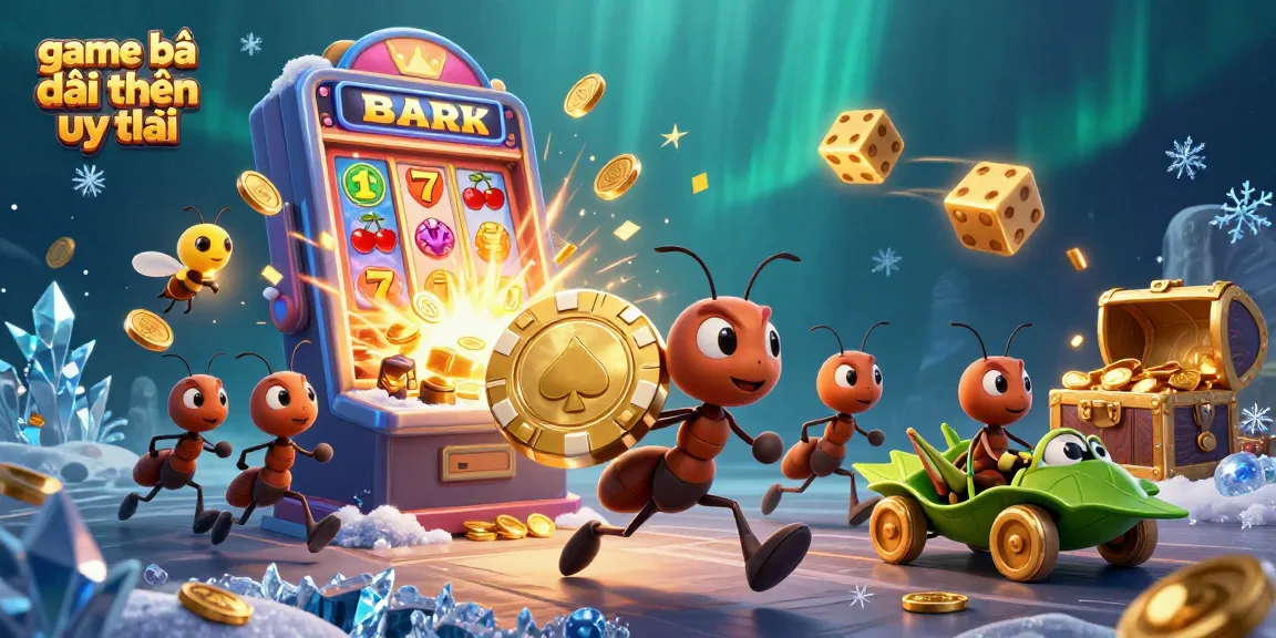 Engaging scene of ants heisting a giant poker chip amidst a colorful jackpot explosion, symbolizing game bài đổi thưởng uy tín.