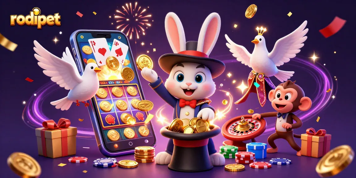 Engaging rodipet scene with a magician rabbit, dove, and monkey in a vibrant casino setting.