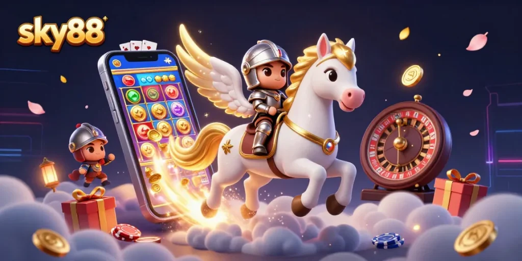 Engage with sky88's vibrant casino scene featuring a celestial horse and gaming experiences.
