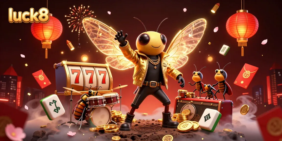 Experience the vibrant casino scene of luck8 with a rock star cicada and engaging game elements like slots and poker chips.