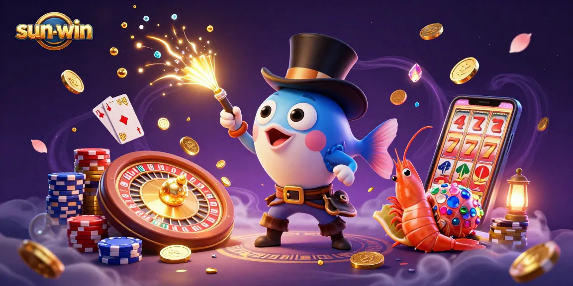 Experience sun-win's thrilling cartoon casino world with vibrant characters amidst sparkling coins.