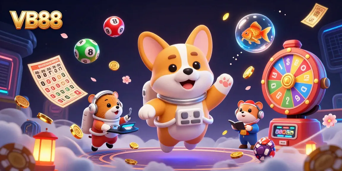 Experience excitement with VB88 in a vibrant gambling scene featuring floating corgis, coins, and lottery balls.