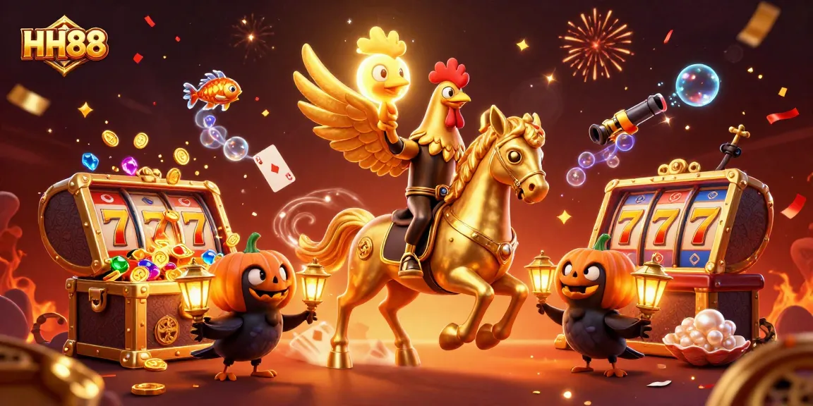 Engage in thrilling gameplay at HH88's vibrant casino with golden rooster riding a spectral horse.