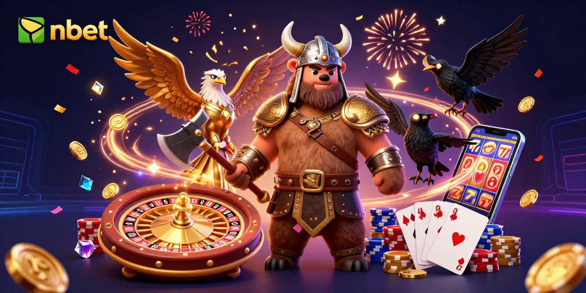 Experience thrilling nbet gaming action with a Viking berserker and Valkyrie in a vibrant casino scene.