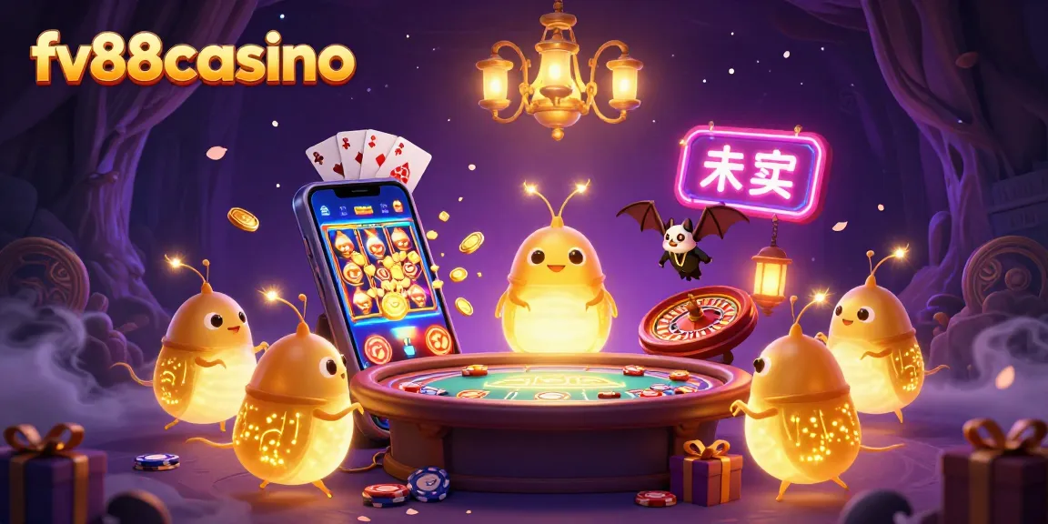 Experience energetic gaming at fv88casino, with vibrant glowworms lighting a cave casino in a dynamic scene.