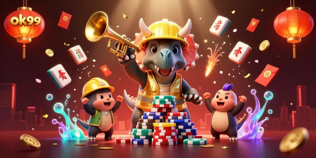 Cheerful tiny compys celebrate the pyramid of poker chips at ok99 casino.