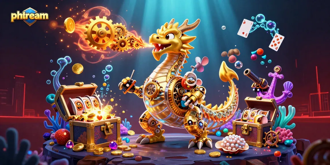 Experience thrilling gaming action with phdream's vibrant casino scene featuring a dragon and slot games.