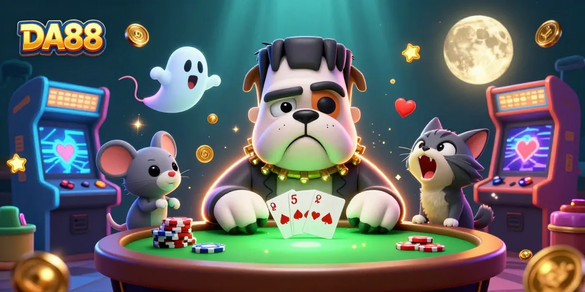 DA88 poker showdown with a Frankenstein bulldog and ghostly mouse in an intense casino scene