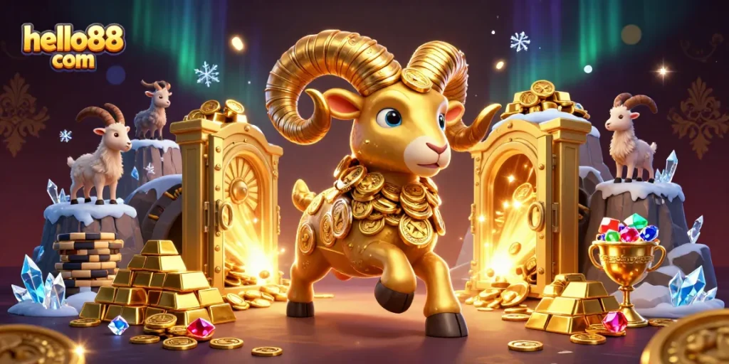 Experience excitement at hello88 com with a dynamic scene featuring a golden ram amidst treasures and casino elements.