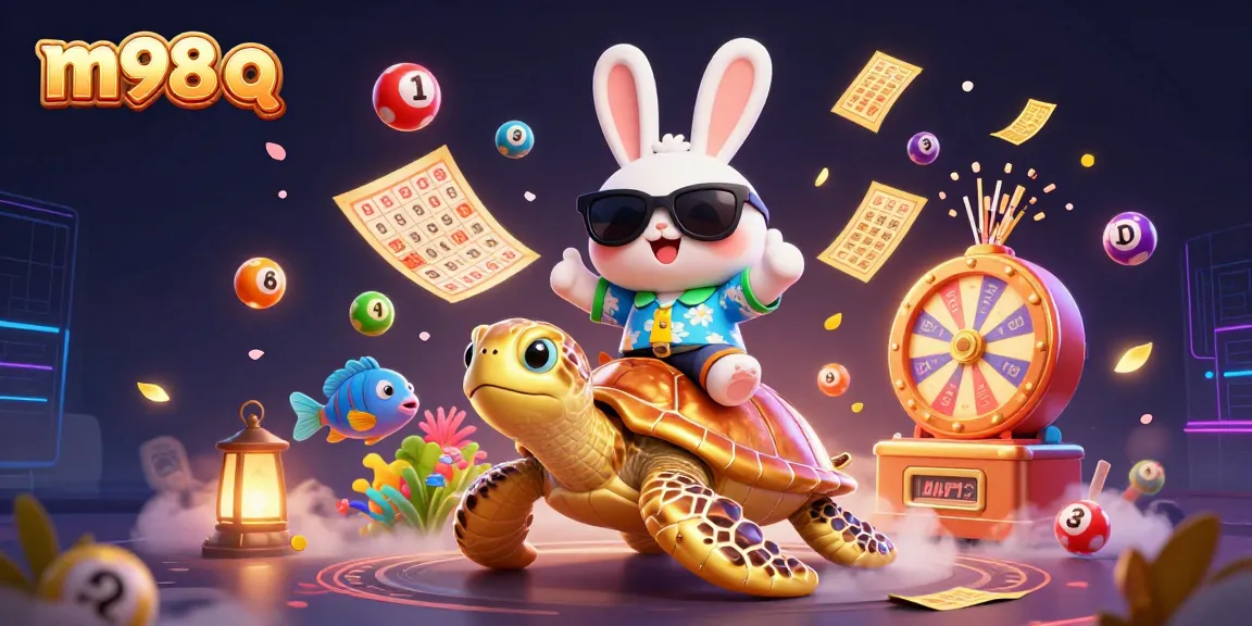 Win big with m98 q in a vibrant 3D casino scene featuring a lucky rabbit and golden turtle.