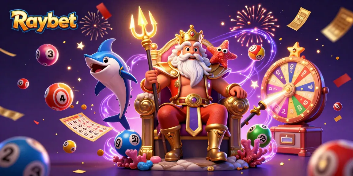 Raybet brings thrilling lottery excitement with Neptune's vibrant illustration in a magical casino world.