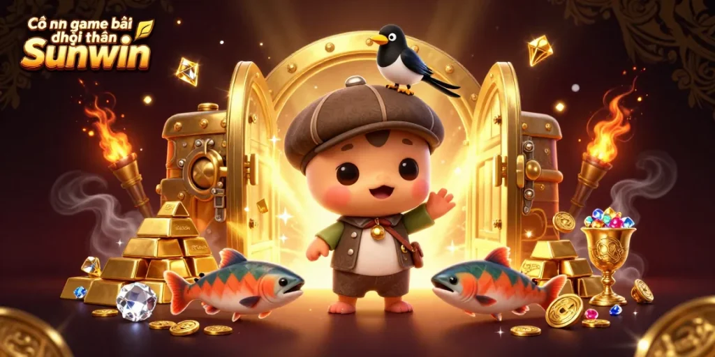 Cổng game bài đổi thưởng Sunwin: Play exciting games amidst vibrant treasures and characters in a dynamic 3D illustration.