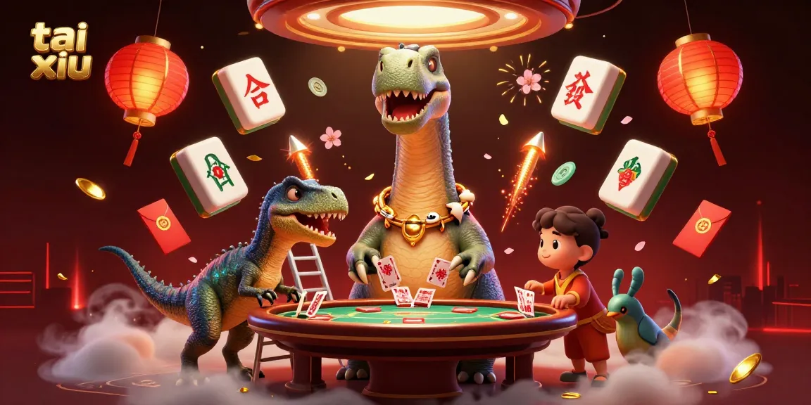 Engaging tai xiu scene featuring a giant brontosaurus and a clever raptor in a lively casino atmosphere.