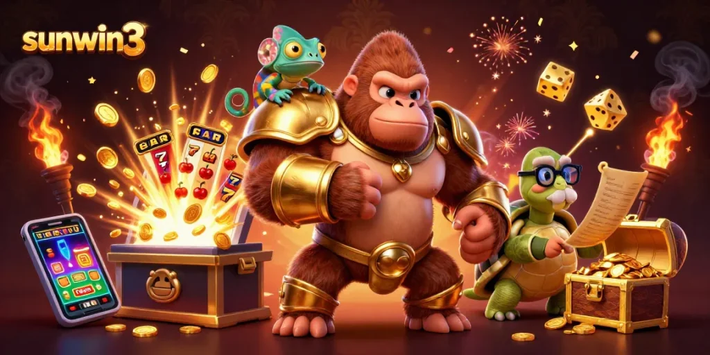 Experience the thrill of sunwin3 with a colorful 3D casino scene bursting with jackpots and exciting game elements.