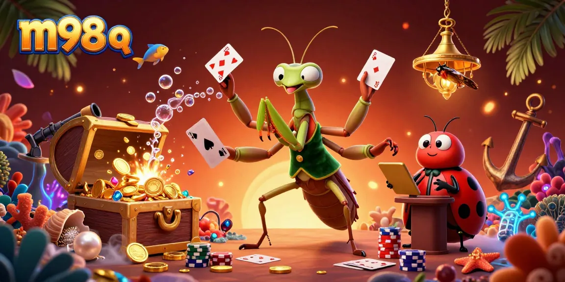 Engage with m98 q in a vibrant casino scene showcasing a giant mantis dealer amidst gold coins and colorful gems.