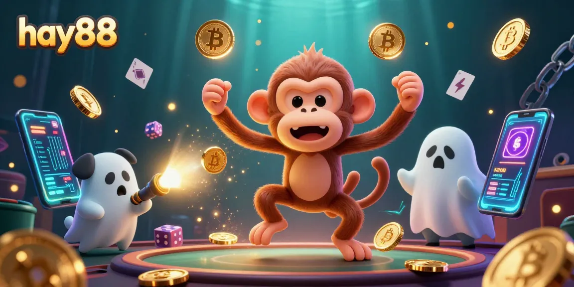 Hay88 casino action scene with a ghost monkey and puppy tracking golden winnings.