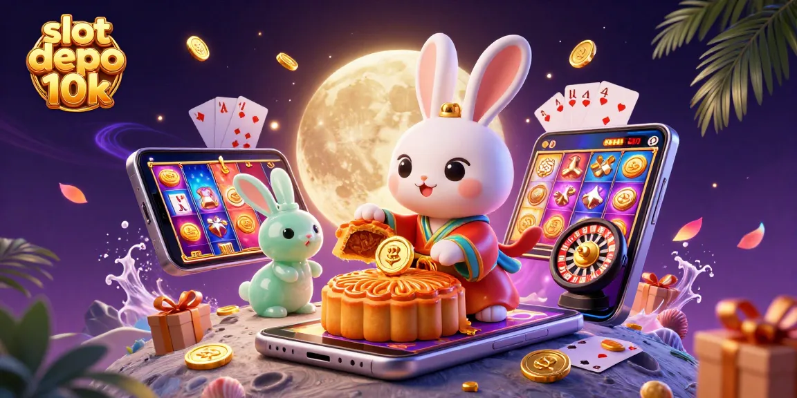 Experience the thrill of slot depo 10k with moon rabbits revealing poker chips, surrounded by gaming elements.