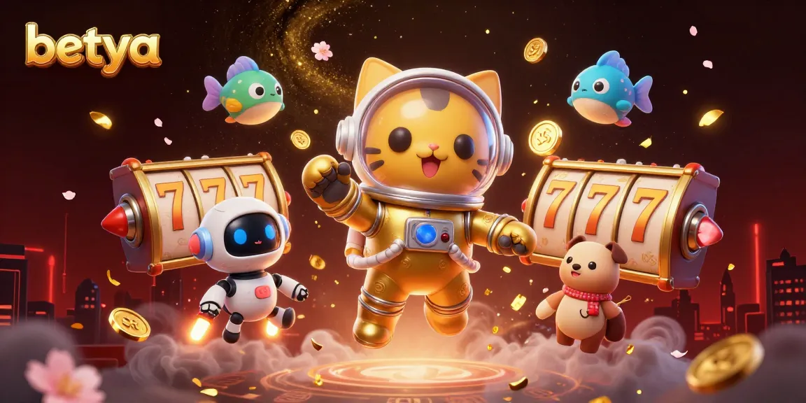 Experience the excitement of betya with a vibrant casino-themed 3D illustration featuring lucky slot reels.