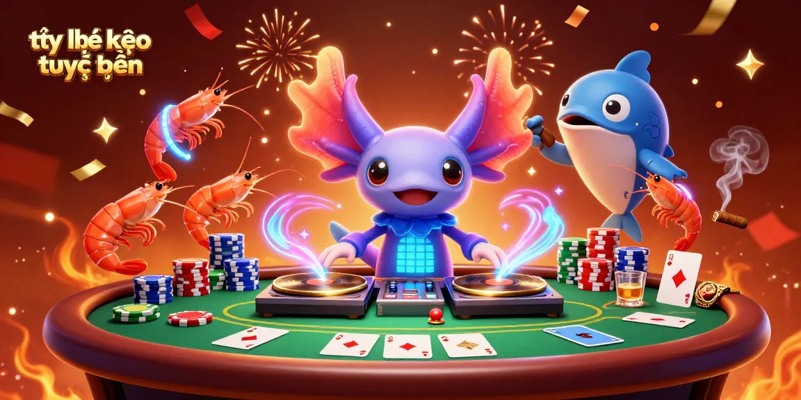 Catch the excitement of tỷ lệ kèo trực tuyến with dynamic axolotl DJ, poker chips, and vibrant atmosphere.