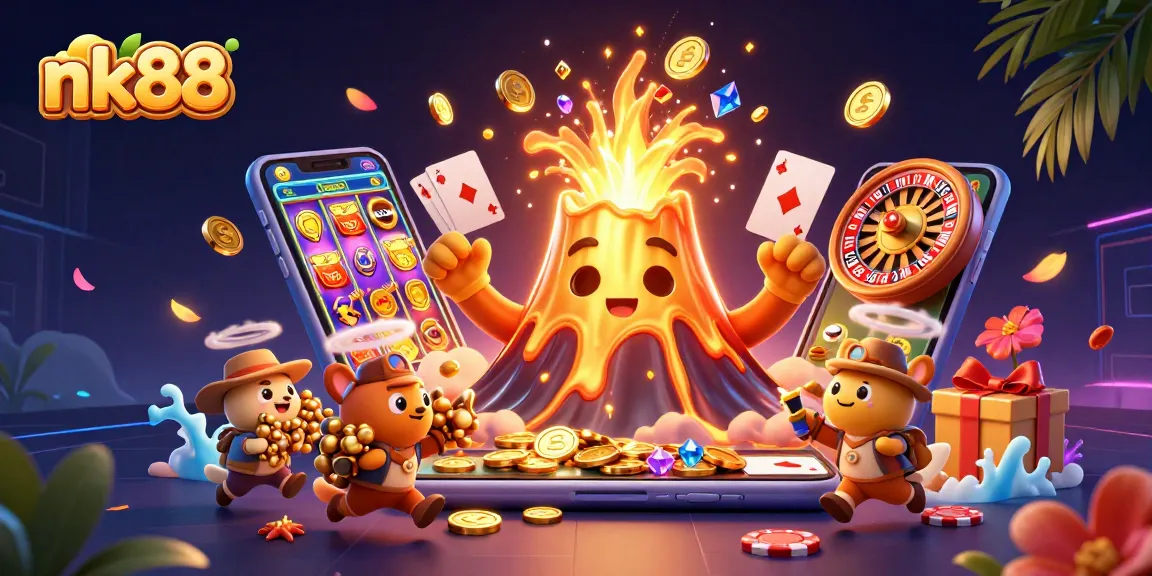 Experience the thrill of nk88 with a vibrant 3D illustration showcasing gaming excitement and treasure.