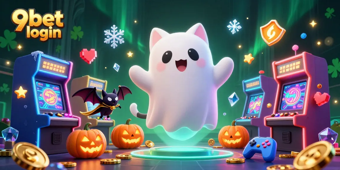 Engage in 9bet login and explore a vibrant casino world with ghostly characters and glowing treasures.