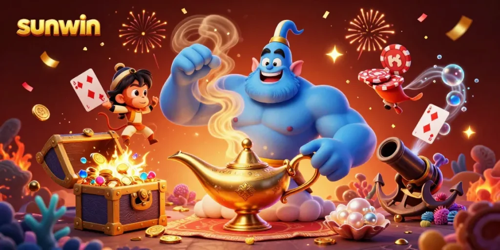 Engage with sunwin and explore the magical casino experience with a blue genie and poker elements.