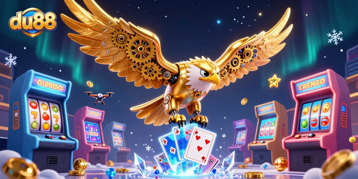 Dive into excitement with du88 as a golden eagle navigates a vibrant casino world filled with slot reels and holographic cards.