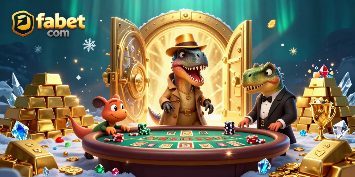 Win big at fabet com with a funny 3D cartoon scene featuring a velociraptor card counter and his dinosaur friends.