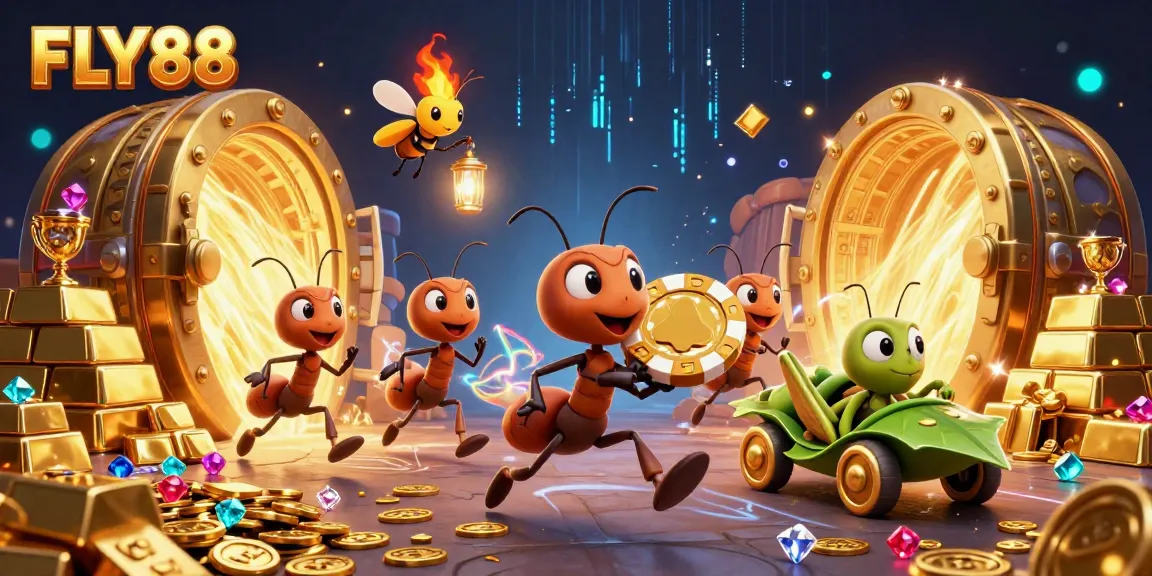 FLY88: Ants in a casino heist carrying a giant poker chip, with a firefly lookout and vibrant treasures.
