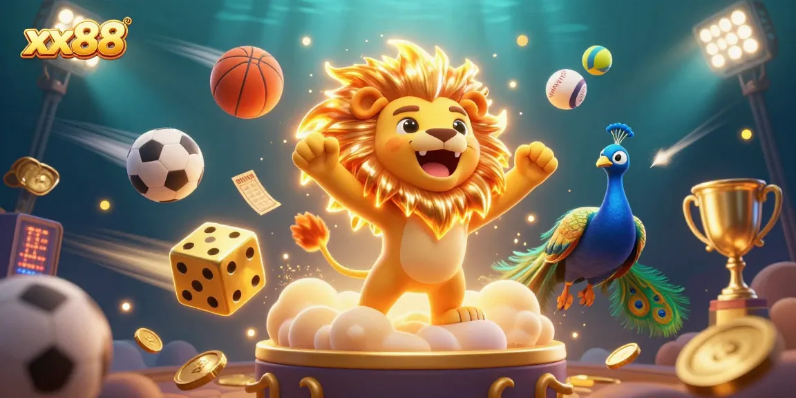 Win big with xx88 as a cartoon sun lion roars amidst dynamic sports elements in this captivating illustration.