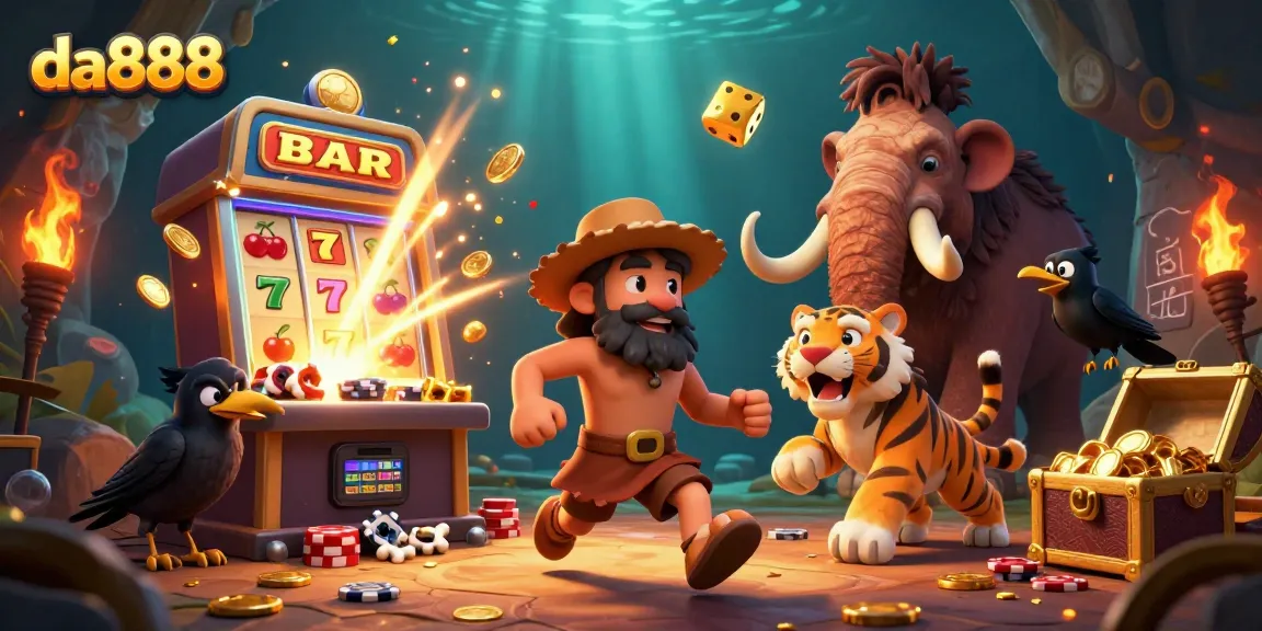 Experience excitement at da888 with a vibrant 3D casino scene featuring dynamic characters and game elements.