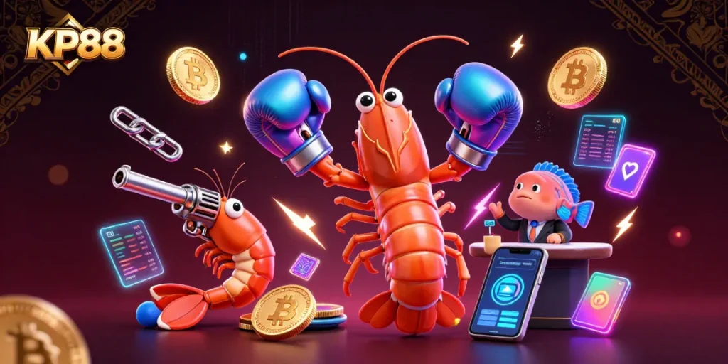 Engage with KP88's vibrant gaming world featuring unique characters and cryptocurrency elements.