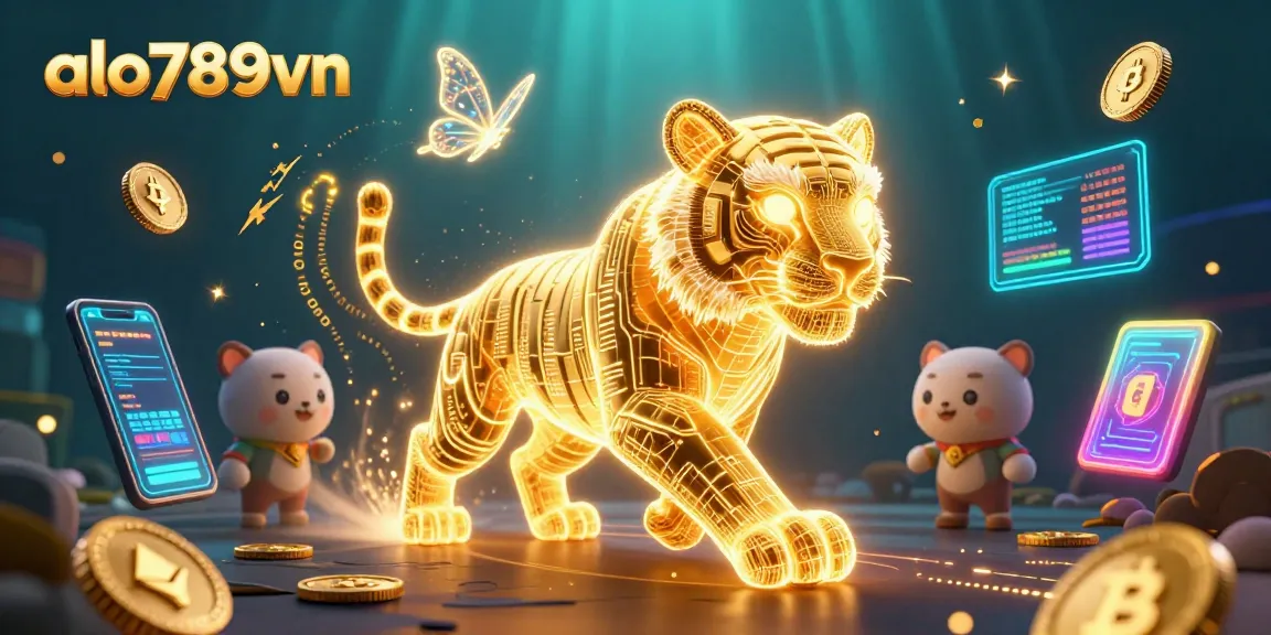 Experience thrilling gambling with alo789vn as a golden tiger prowls a vibrant digital casino landscape.