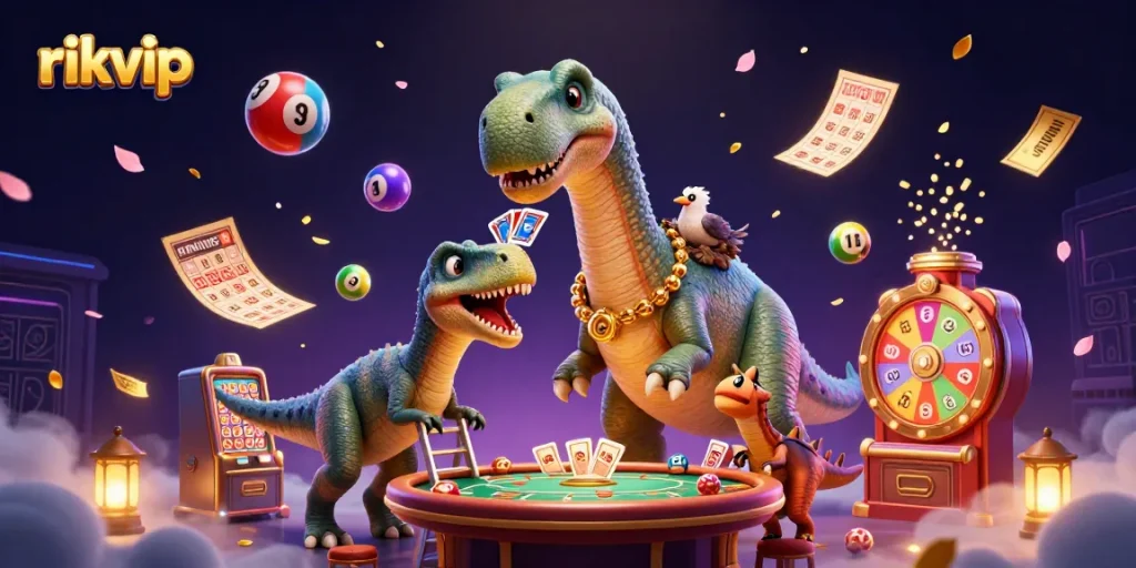 Engage with the excitement at rikvip as a brontosaurus oversees a poker table with a raptor dealer surrounded by lottery elements.