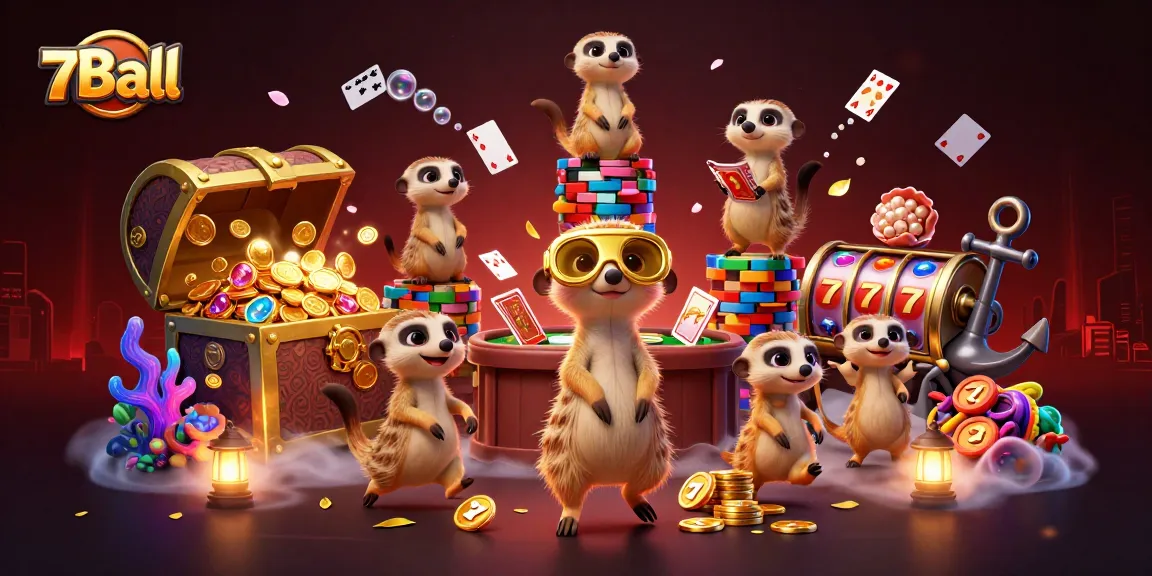 Play and win at 7Ball: Elaborate casino scene with meerkats and vibrant gaming elements.
