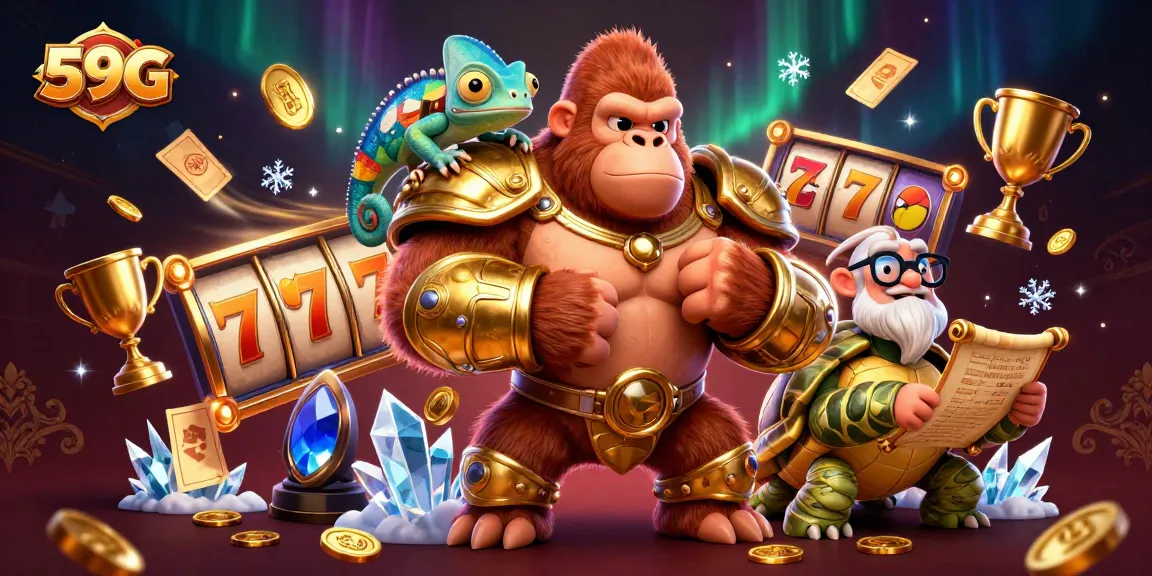 Experience the thrill of 59G casino gaming with dynamic slot reels, accompanied by powerful characters.