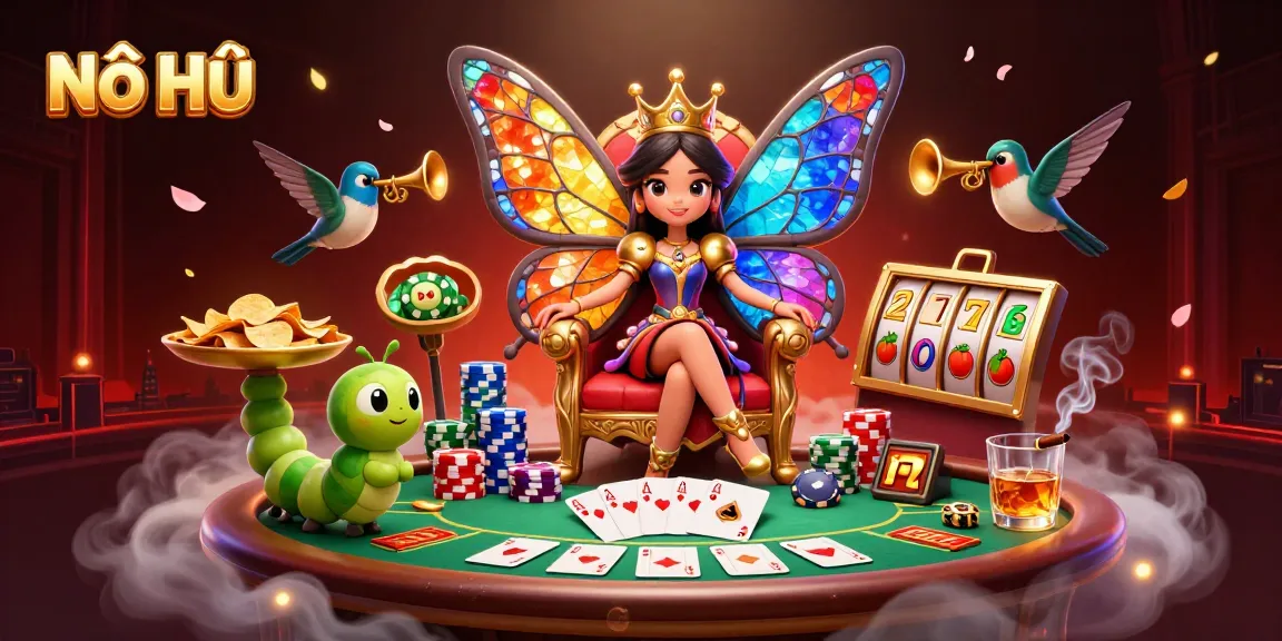 Nổ Hũ vibrant 3D scene with a butterfly queen, poker elements, and dynamic slot symbols